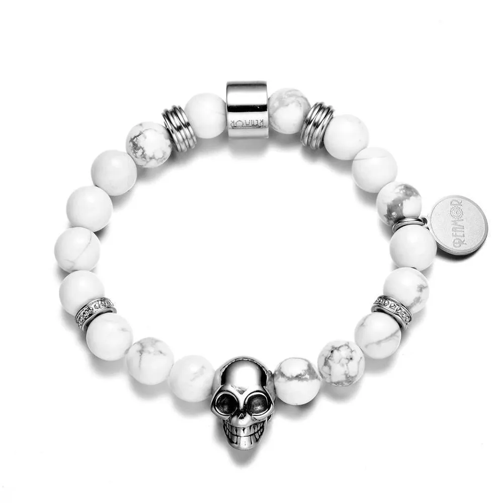 Flawless White Natural Stone Stainless Steel Beaded Skull Bracelet