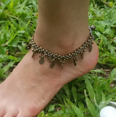 Hand Made Fair Trade Anklet Double Strand Brass Coins Gray