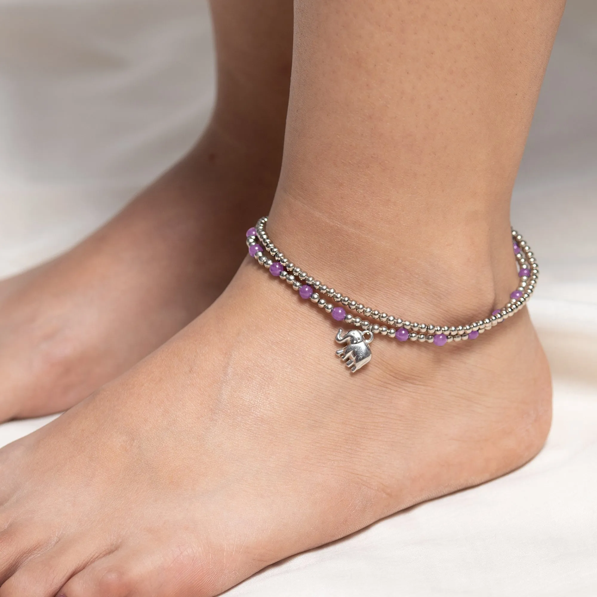 Hand Made Fair Trade Anklet Double Strand Silver Beads Purple Elephant