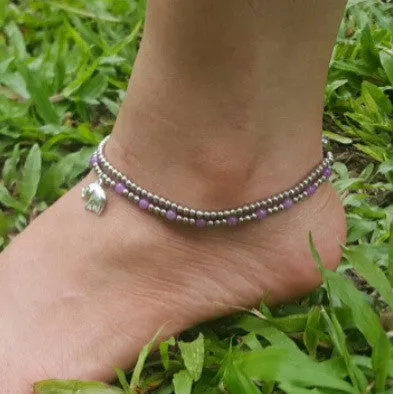 Hand Made Fair Trade Anklet Double Strand Silver Beads Purple Elephant