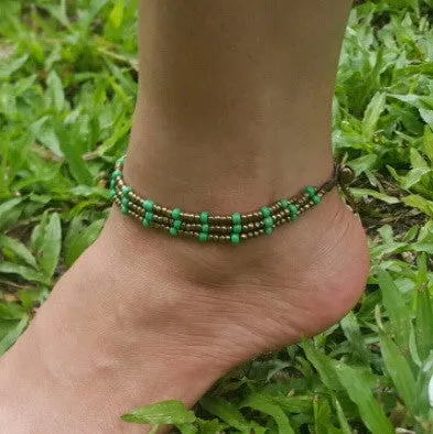 Hand Made Fair Trade Anklet Three Strand Brass Beads Green