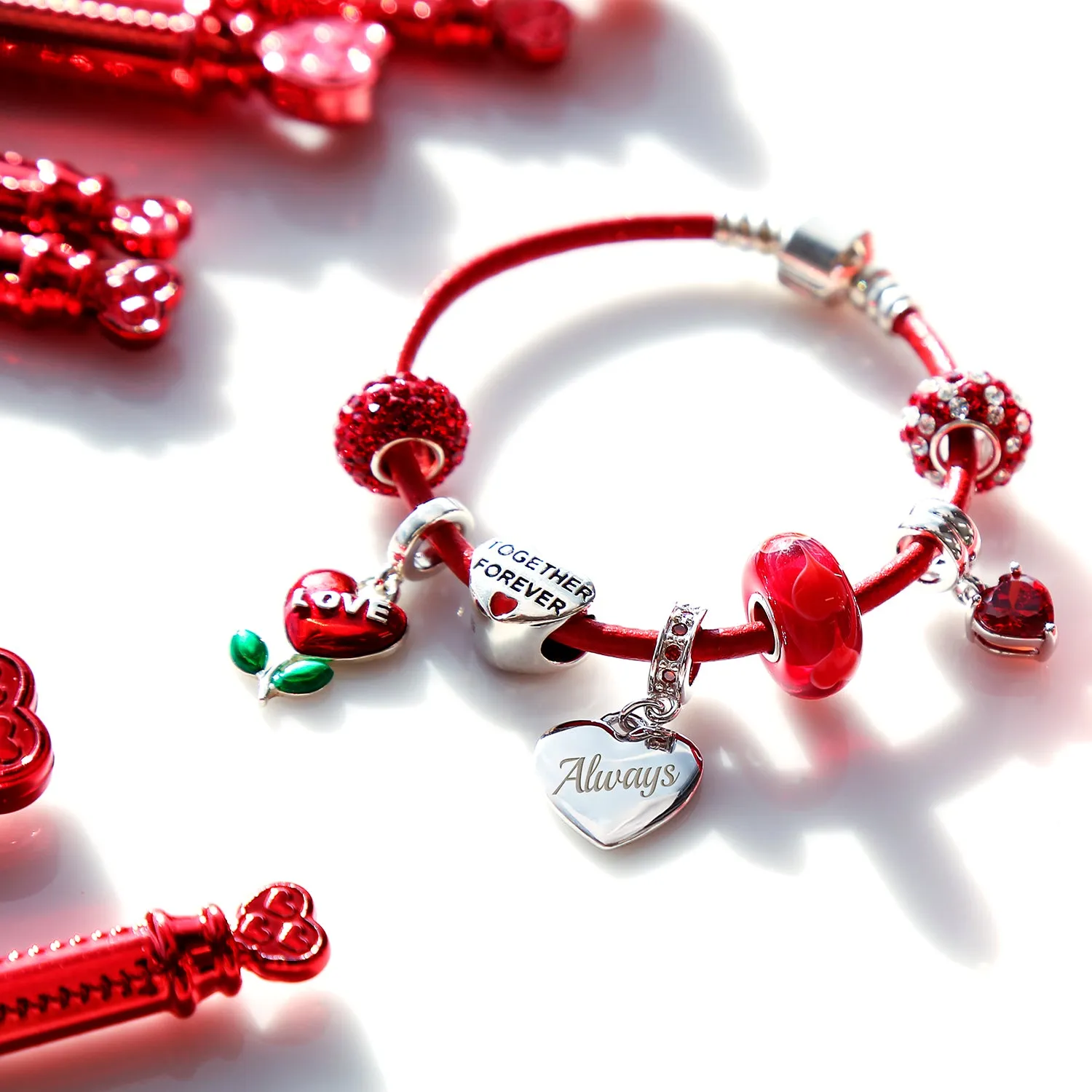 Kiss Red Lip Valentines Heart Wife Mom Bead Charm Bracelet .925 Silver