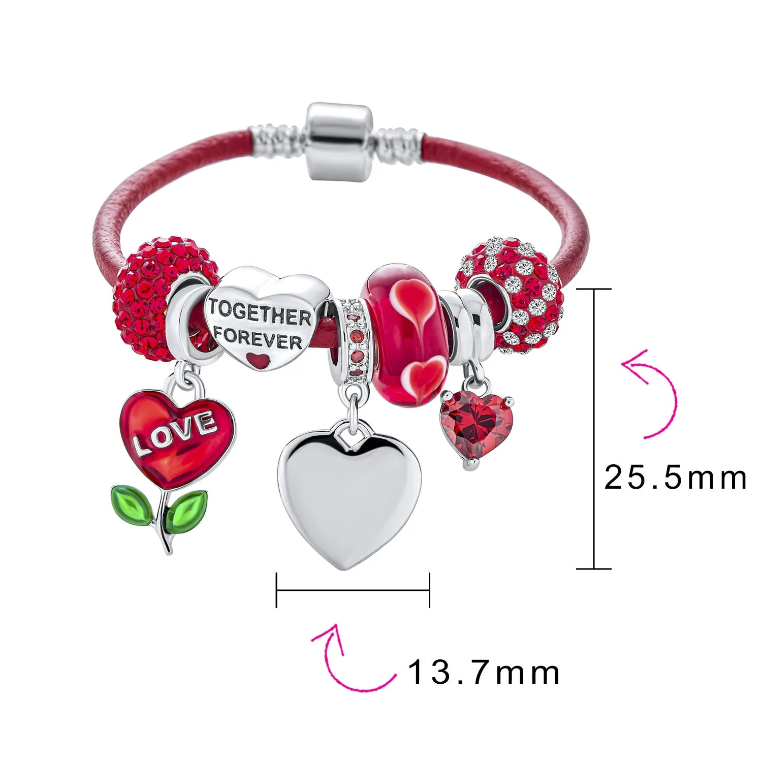 Kiss Red Lip Valentines Heart Wife Mom Bead Charm Bracelet .925 Silver