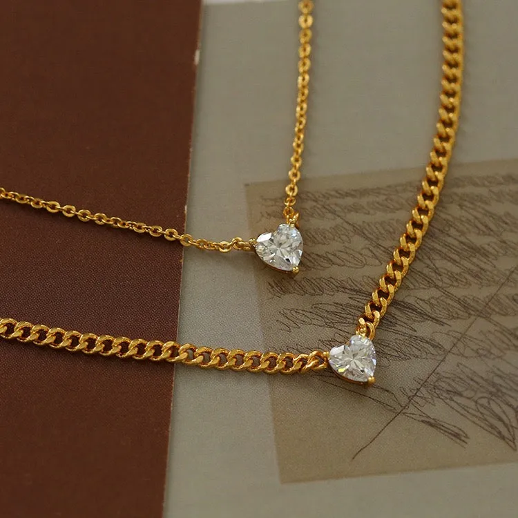 Layered Shine Heart CZ Cuba Chain Necklaces