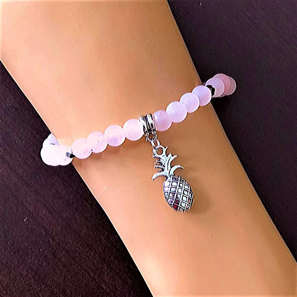 Matte Rose Quartz Beaded Bracelet and Silver Pineapple Charm