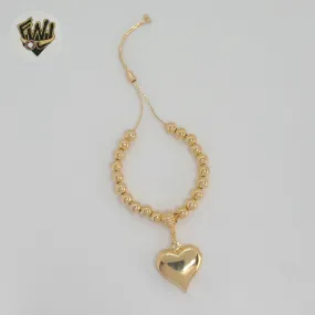 (MBRA-23) Gold Laminate - 6mm Beads Link Heart Adjustable Bracelet - BGF