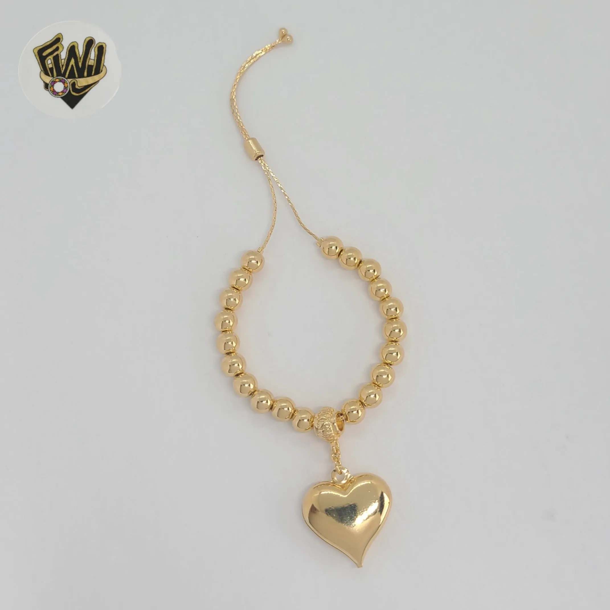 (MBRA-23) Gold Laminate - 6mm Beads Link Heart Adjustable Bracelet - BGF