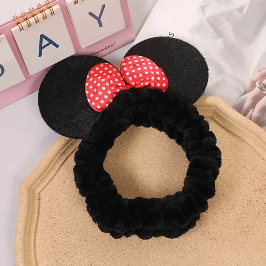 Mouse Ears Facial Spa Headbands, Coral Fleece Wash Face Hair Band, Velvet Bow Shower Hair Band for Girls Women Make up Hair Accessories