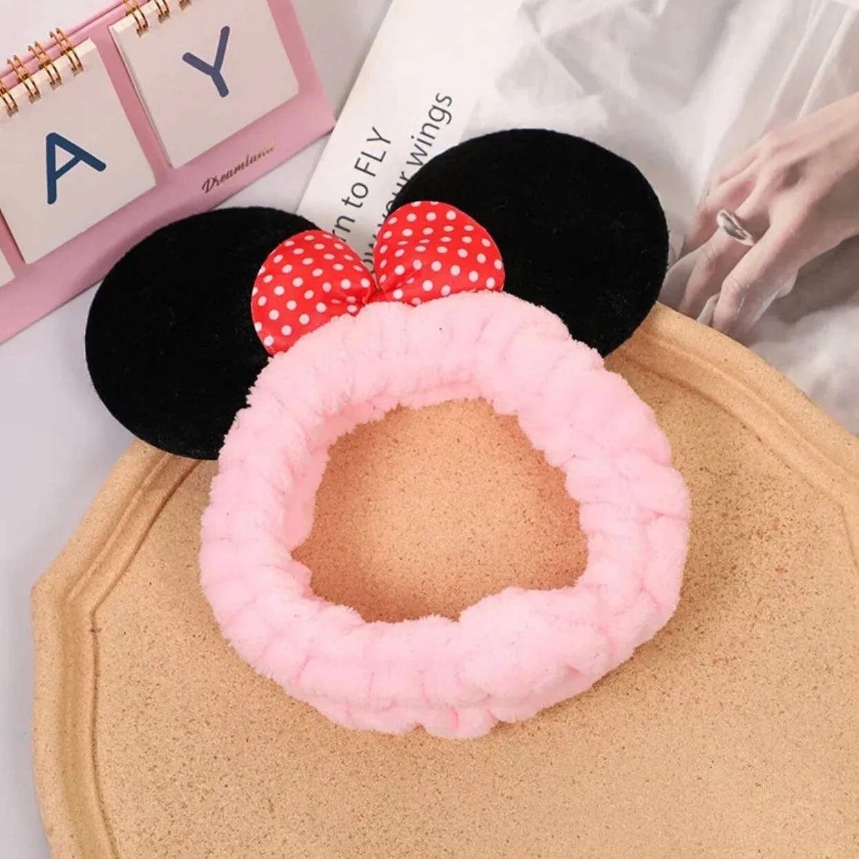 Mouse Ears Facial Spa Headbands, Coral Fleece Wash Face Hair Band, Velvet Bow Shower Hair Band for Girls Women Make up Hair Accessories