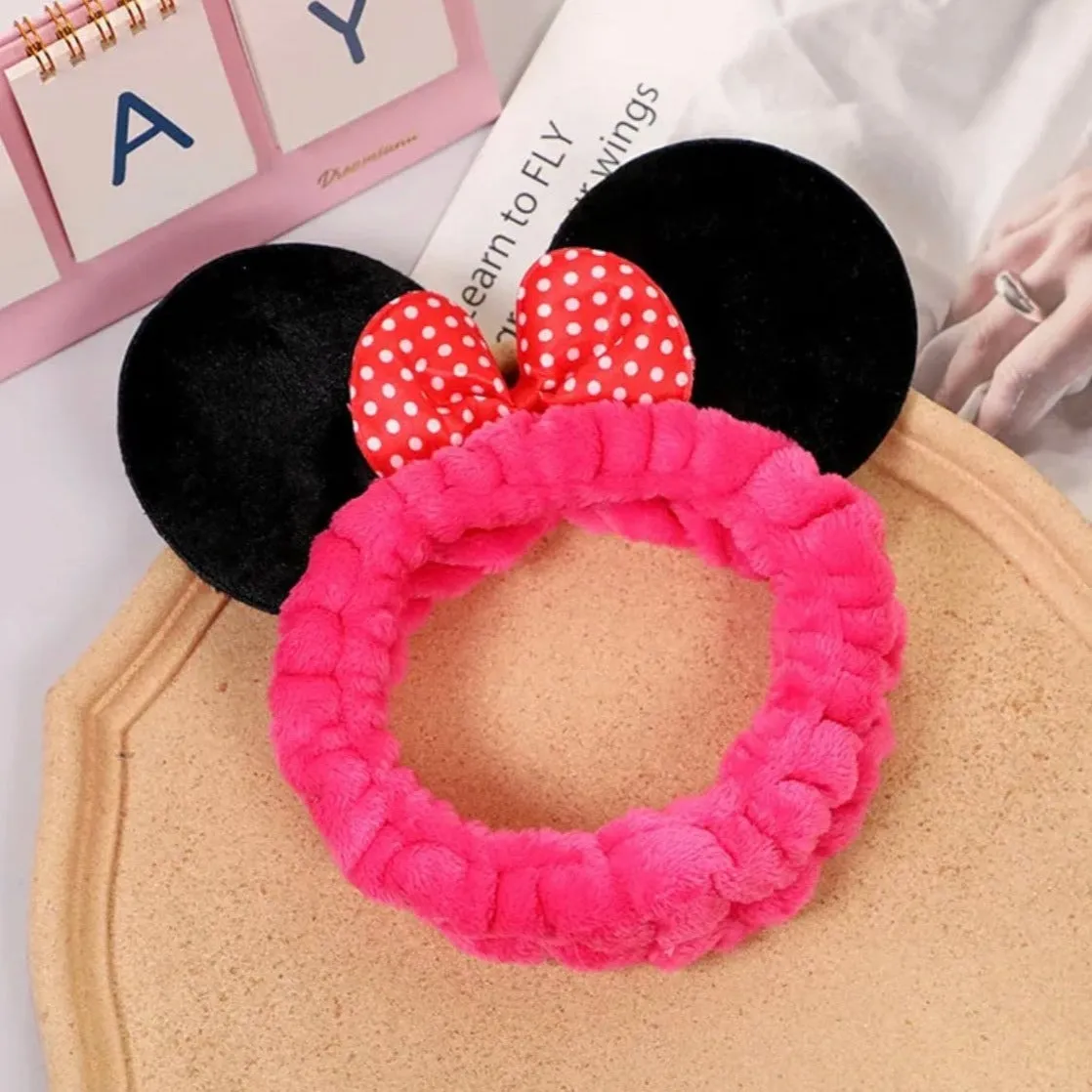 Mouse Ears Facial Spa Headbands, Coral Fleece Wash Face Hair Band, Velvet Bow Shower Hair Band for Girls Women Make up Hair Accessories