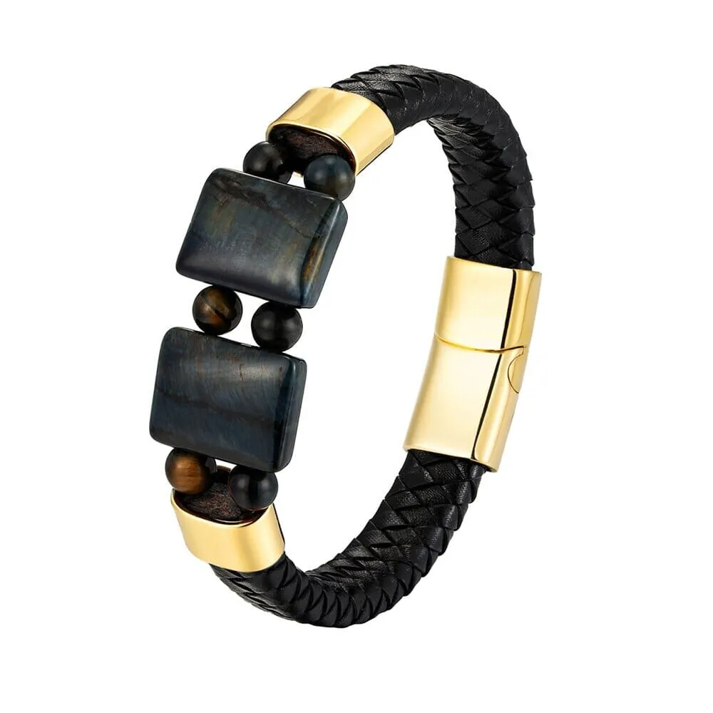 Natural Stone Tiger Eye Black Multilayer Leather Rope Stainless Steel Bracelet