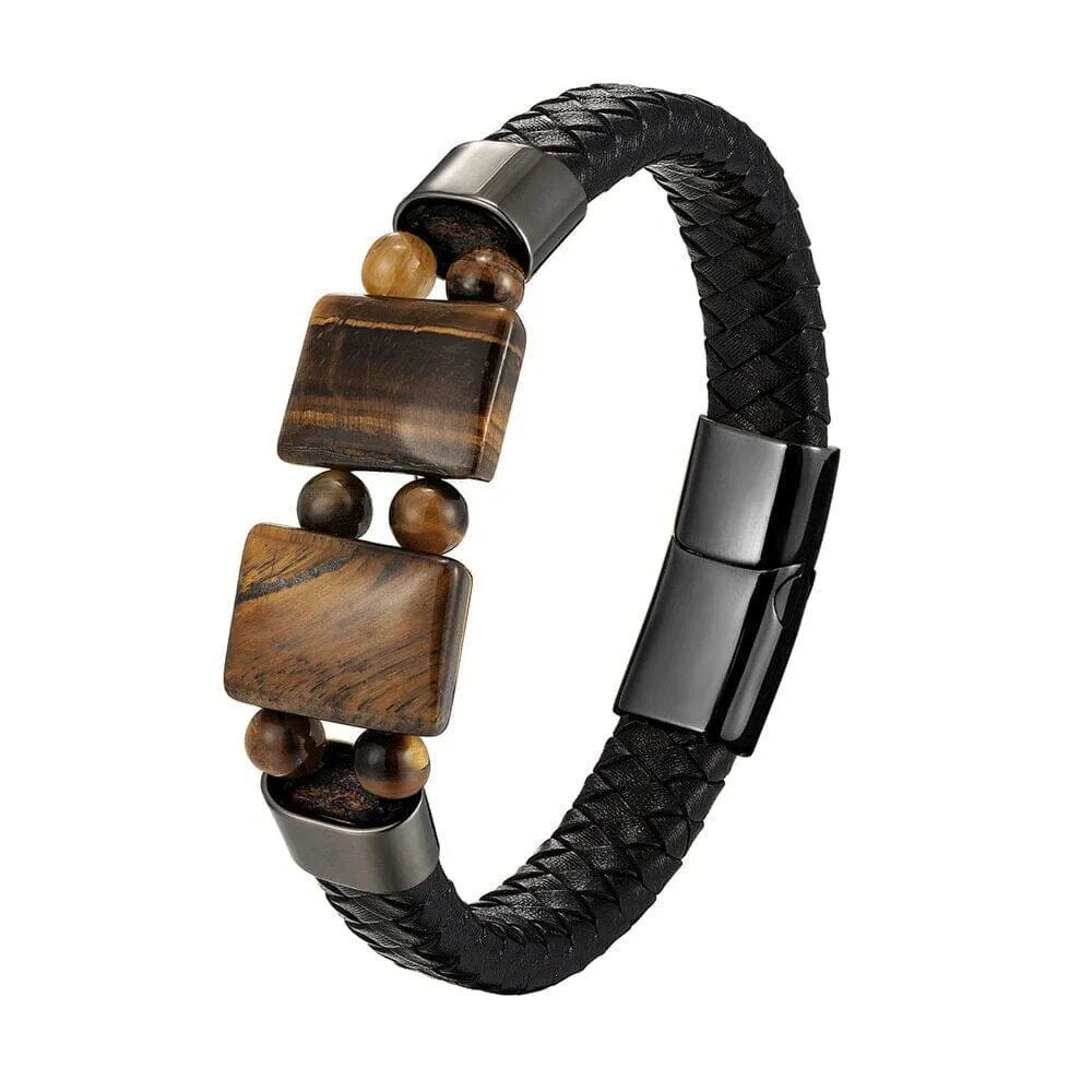 Natural Stone Tiger Eye Black Multilayer Leather Rope Stainless Steel Bracelet