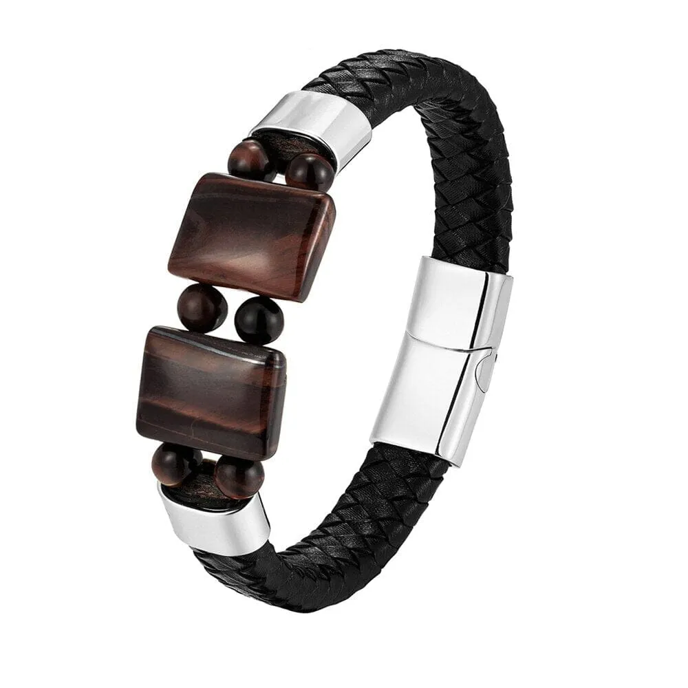 Natural Stone Tiger Eye Black Multilayer Leather Rope Stainless Steel Bracelet