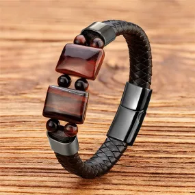 Natural Stone Tiger Eye Black Multilayer Leather Rope Stainless Steel Bracelet