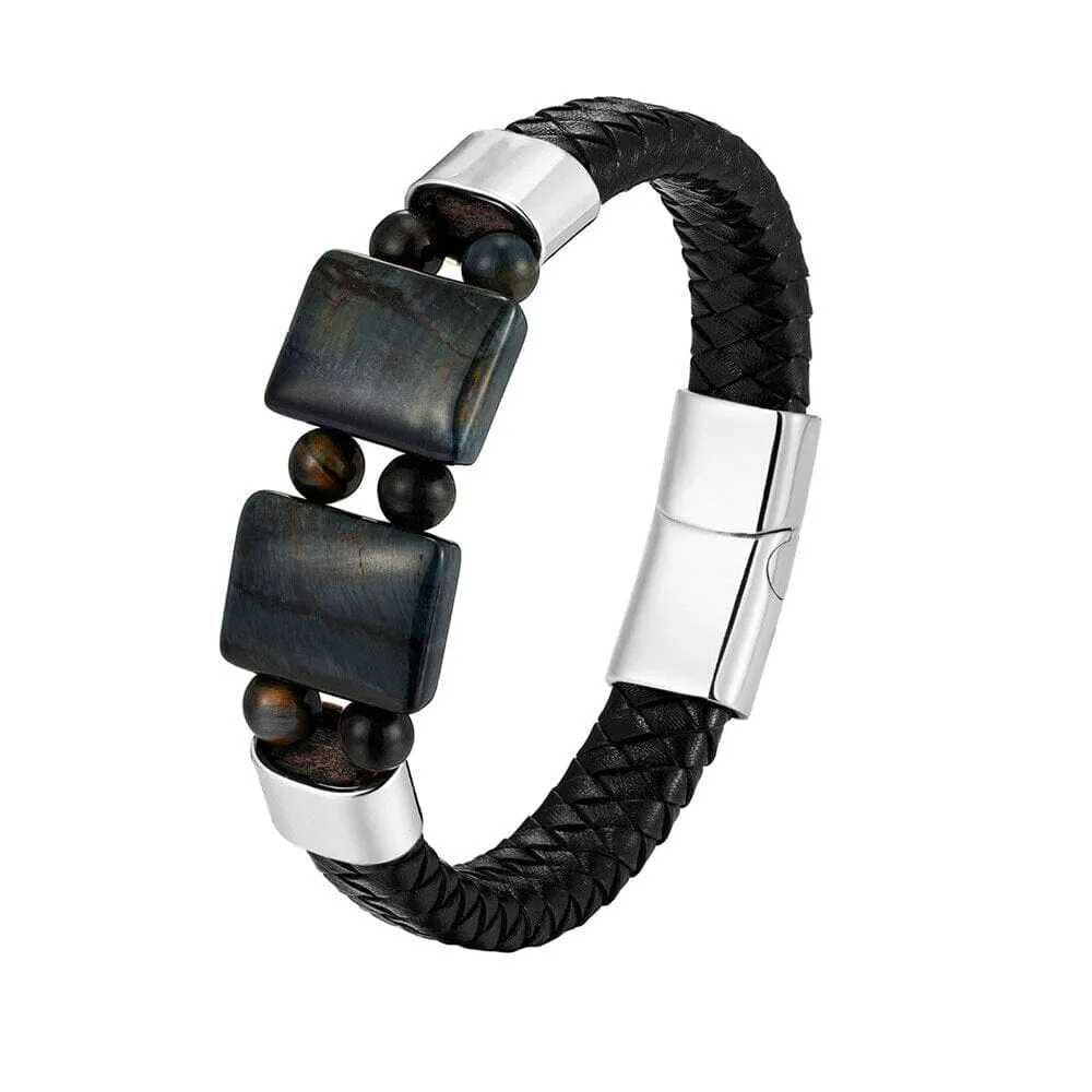 Natural Stone Tiger Eye Black Multilayer Leather Rope Stainless Steel Bracelet