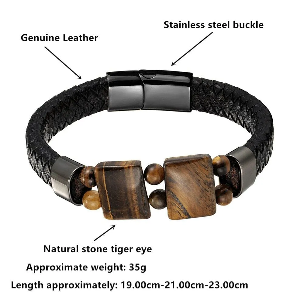 Natural Stone Tiger Eye Black Multilayer Leather Rope Stainless Steel Bracelet