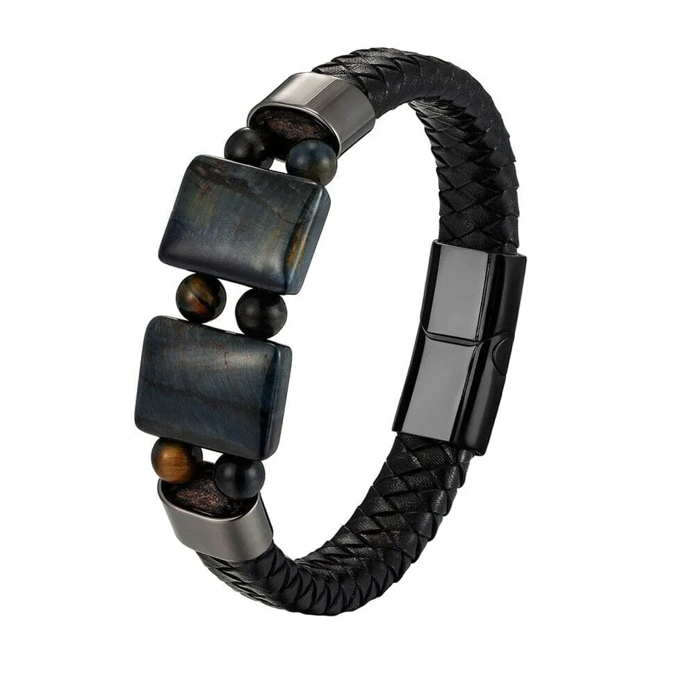 Natural Stone Tiger Eye Black Multilayer Leather Rope Stainless Steel Bracelet