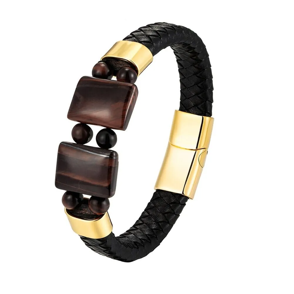 Natural Stone Tiger Eye Black Multilayer Leather Rope Stainless Steel Bracelet