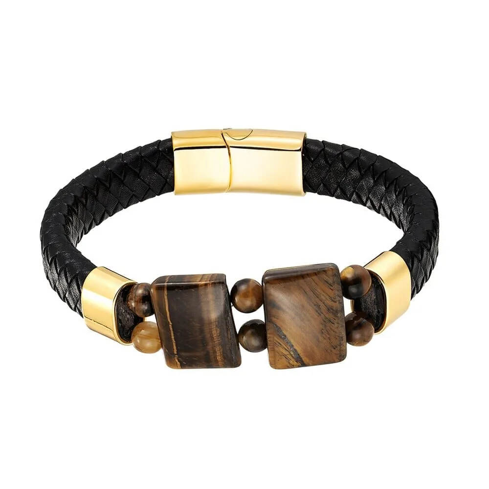 Natural Stone Tiger Eye Black Multilayer Leather Rope Stainless Steel Bracelet