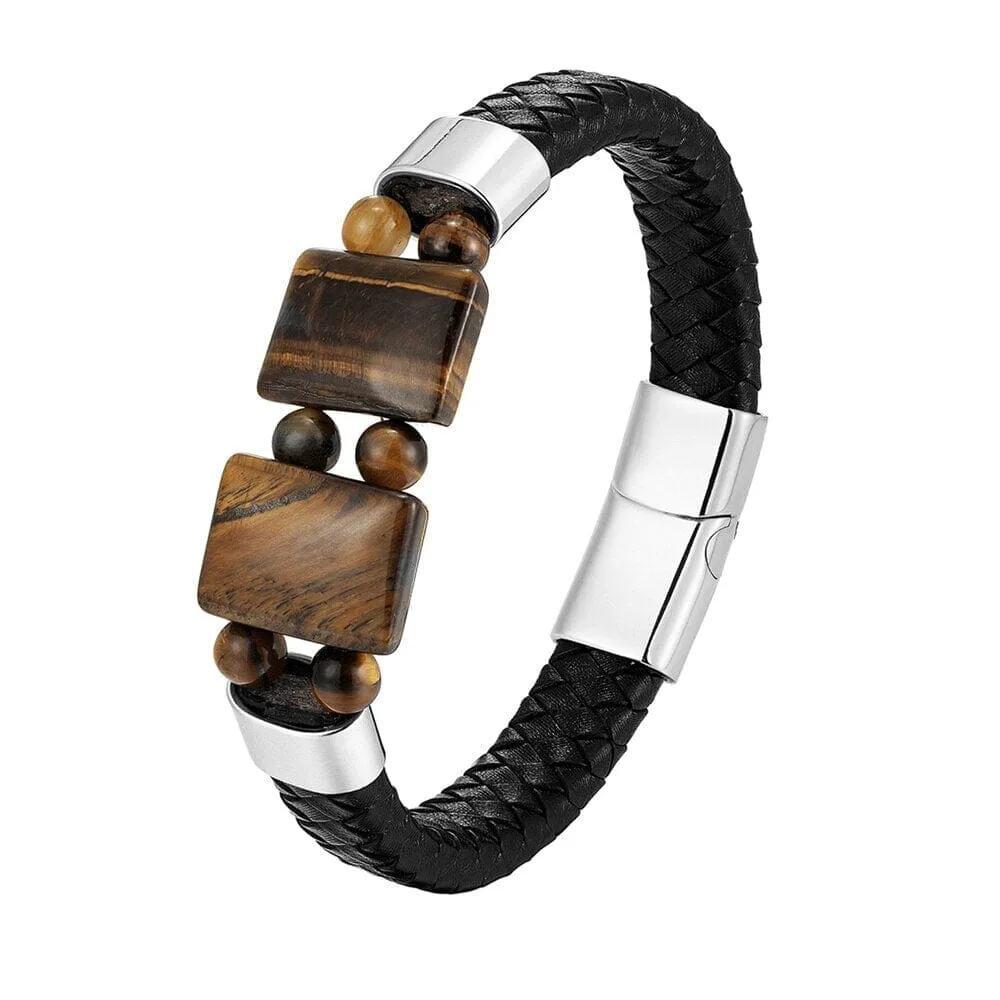 Natural Stone Tiger Eye Black Multilayer Leather Rope Stainless Steel Bracelet