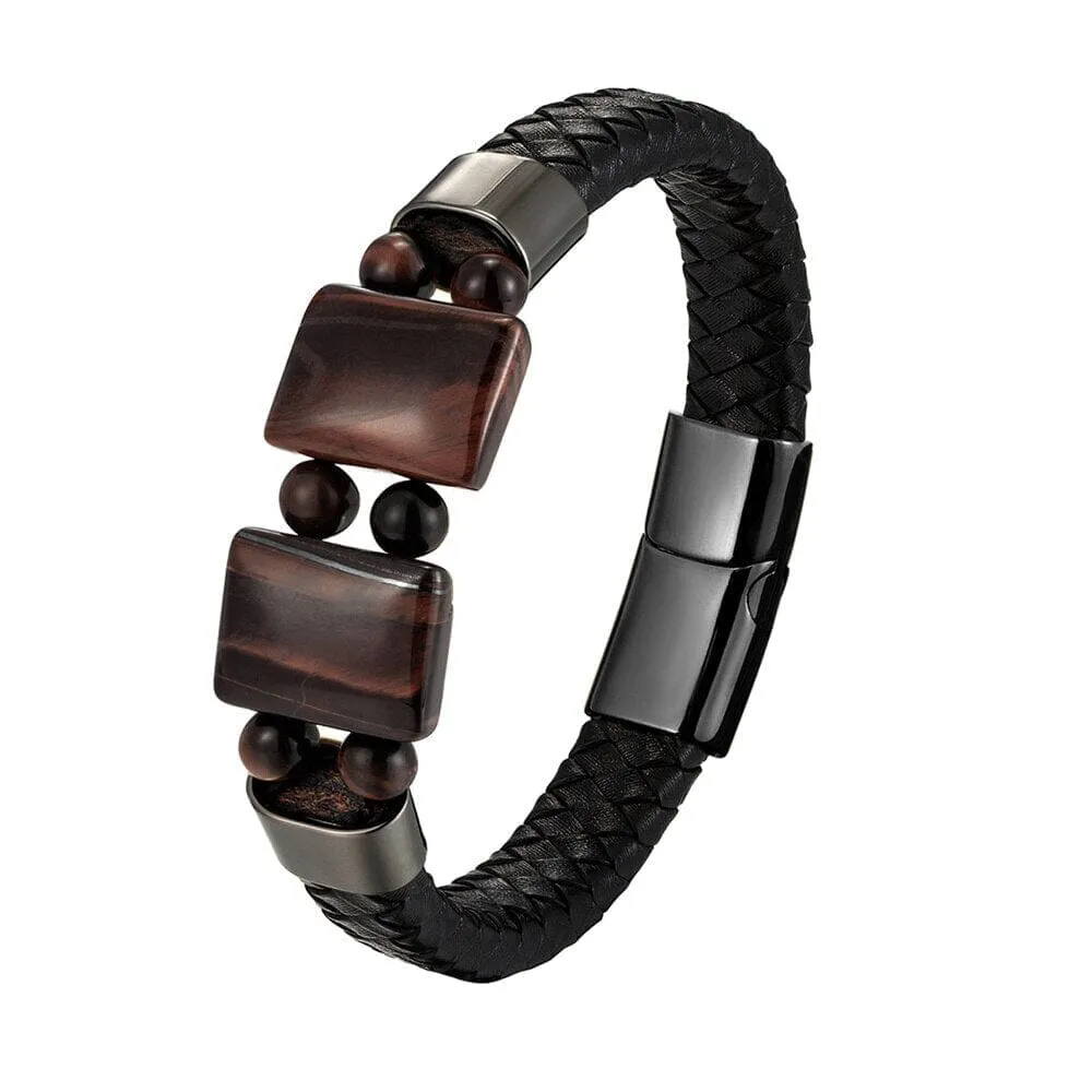 Natural Stone Tiger Eye Black Multilayer Leather Rope Stainless Steel Bracelet