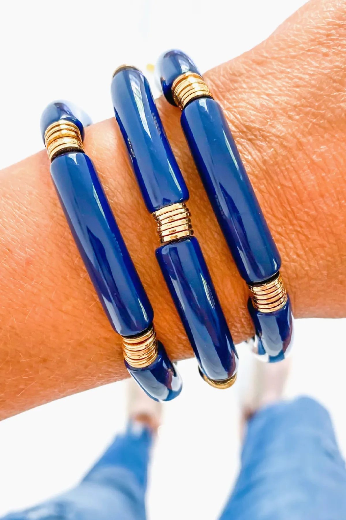 Navy Acrylic Tube   Gold Disc Bamboo Tube Bracelet