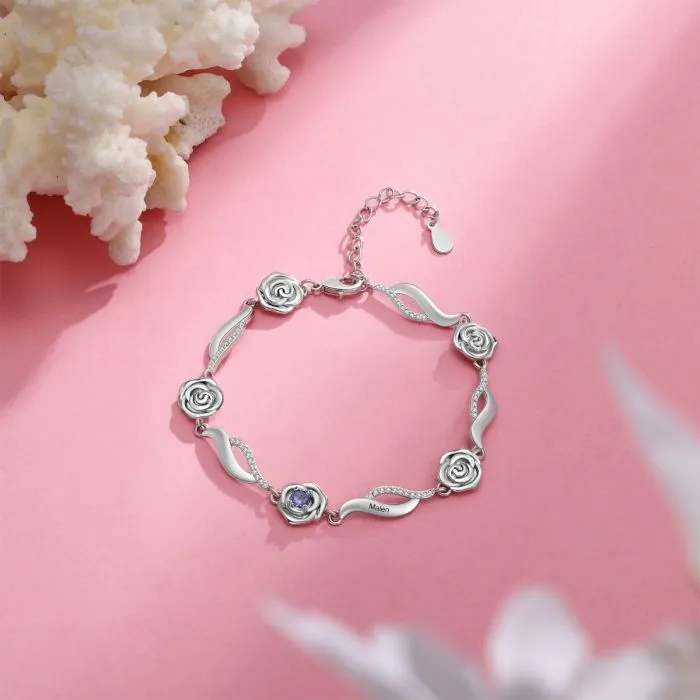 Personalized Bracelets For Women- Rose Bracelet With Name & Birthstone