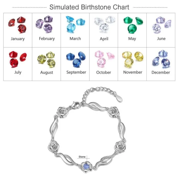 Personalized Bracelets For Women- Rose Bracelet With Name & Birthstone