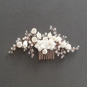 Rose Gold Hair Piece with White Ceramic Flowers-Tulip