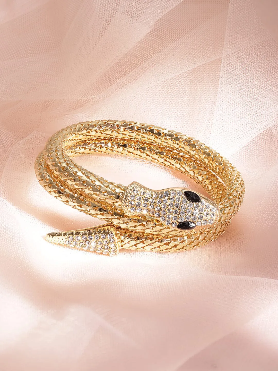 Rubans Voguish Serpentine Splendor: Gold-Tone Zircon Stone Snake Bracelet for Dazzling Charm