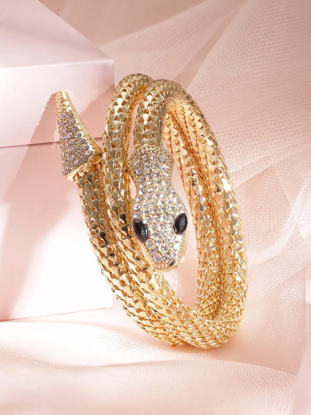 Rubans Voguish Serpentine Splendor: Gold-Tone Zircon Stone Snake Bracelet for Dazzling Charm