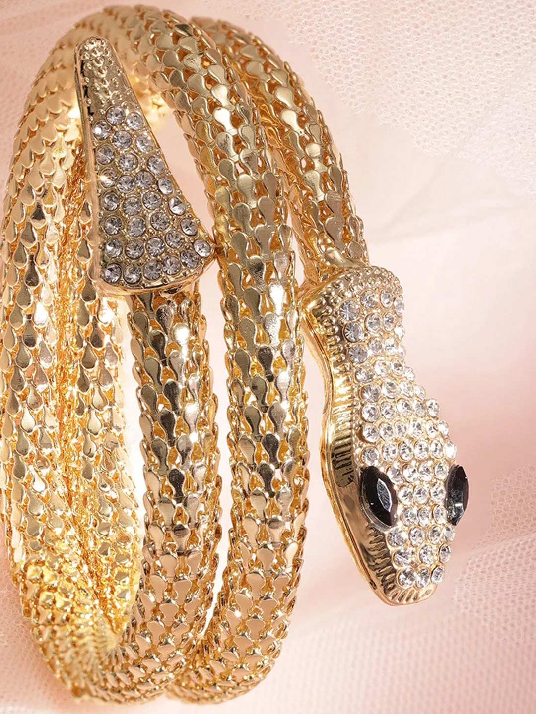 Rubans Voguish Serpentine Splendor: Gold-Tone Zircon Stone Snake Bracelet for Dazzling Charm