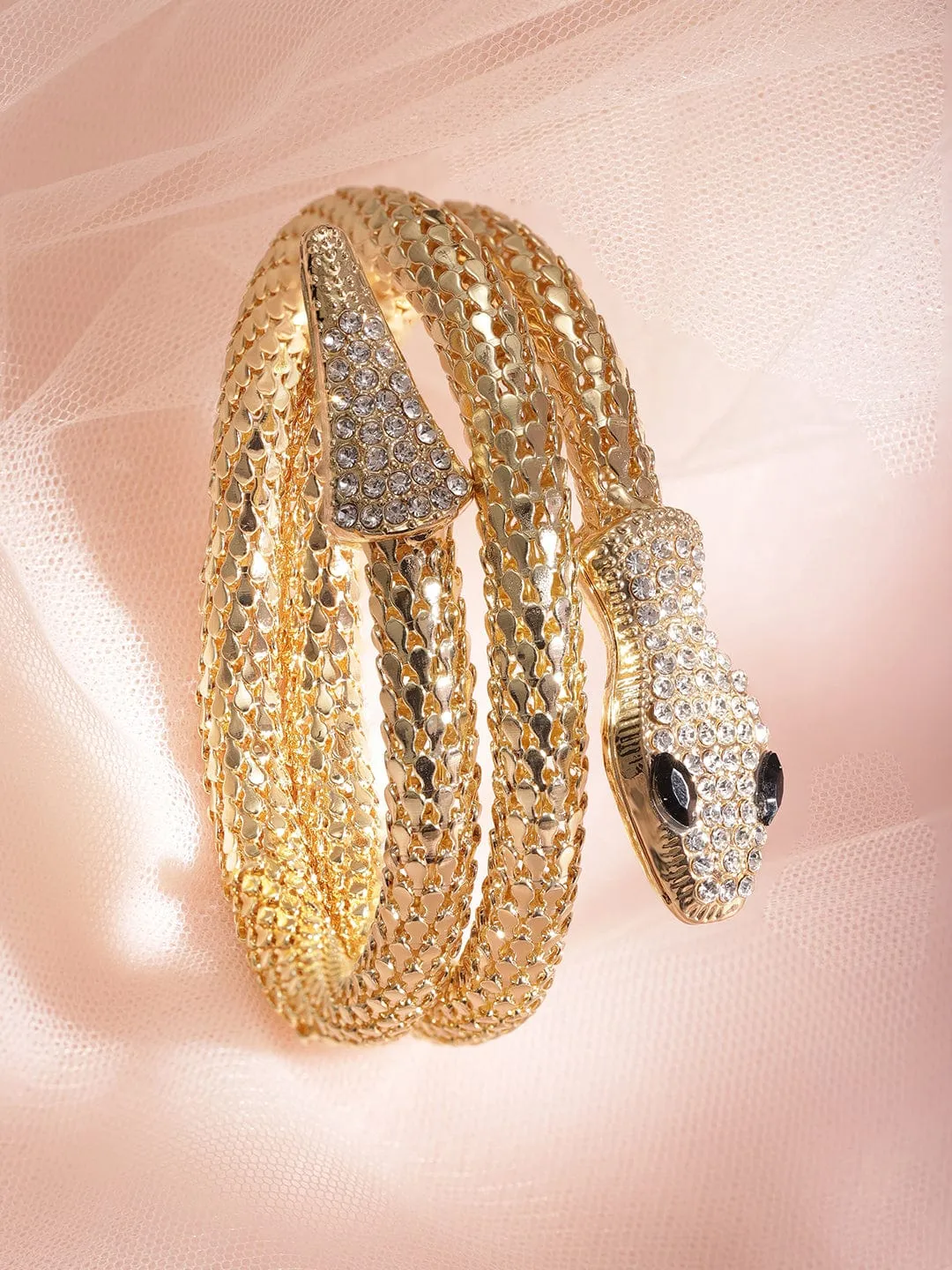 Rubans Voguish Serpentine Splendor: Gold-Tone Zircon Stone Snake Bracelet for Dazzling Charm