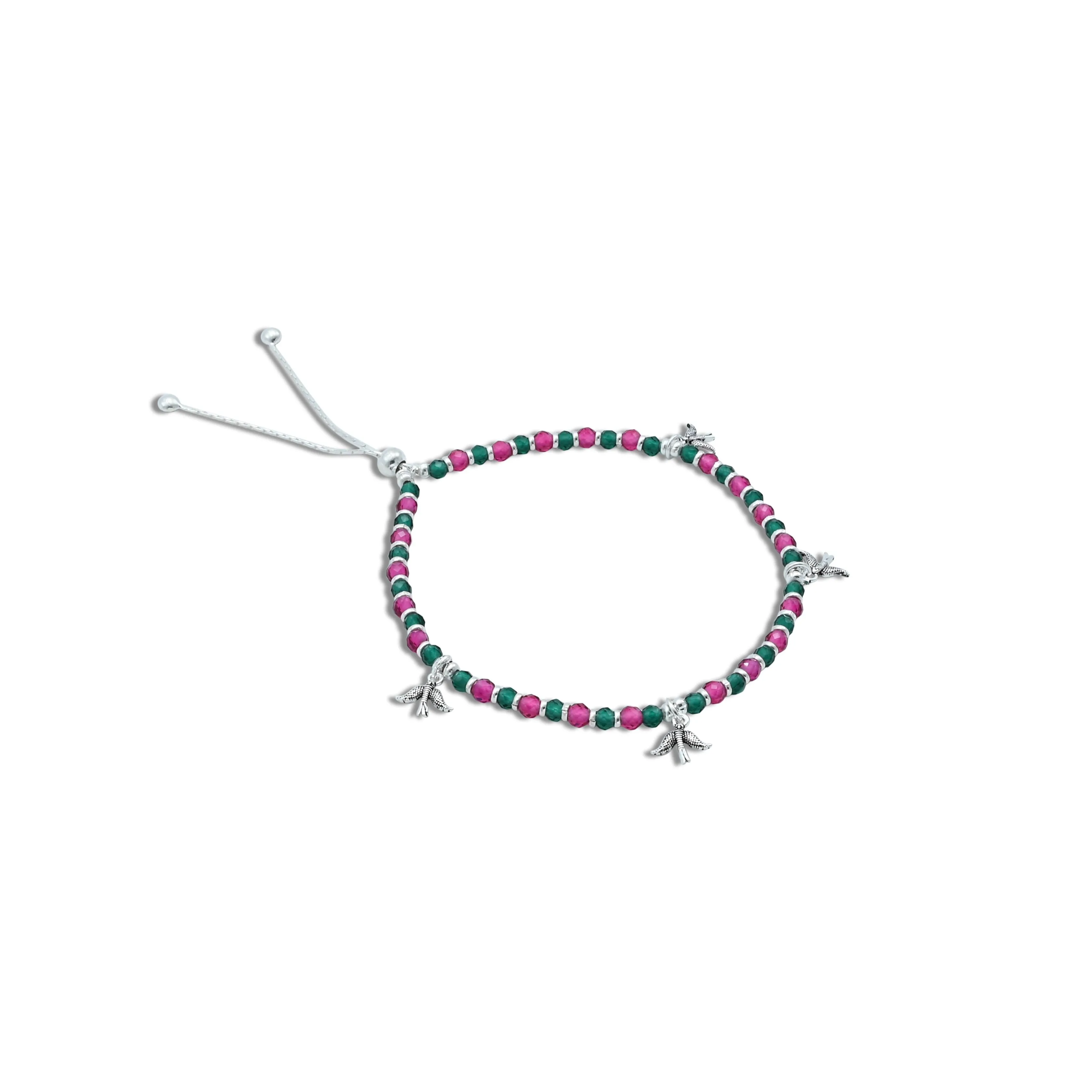 Silver Beautiful Pink &amp; Green Beaded Birds Charm Girls' Anklets