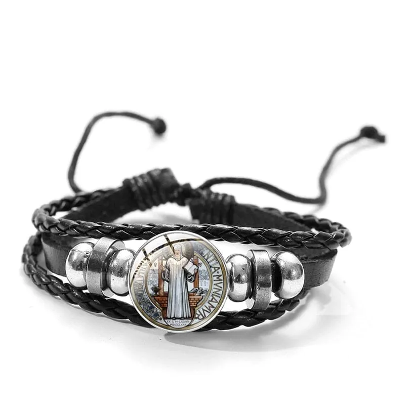 St. Benedict WWJD Medal Leather Bracelet