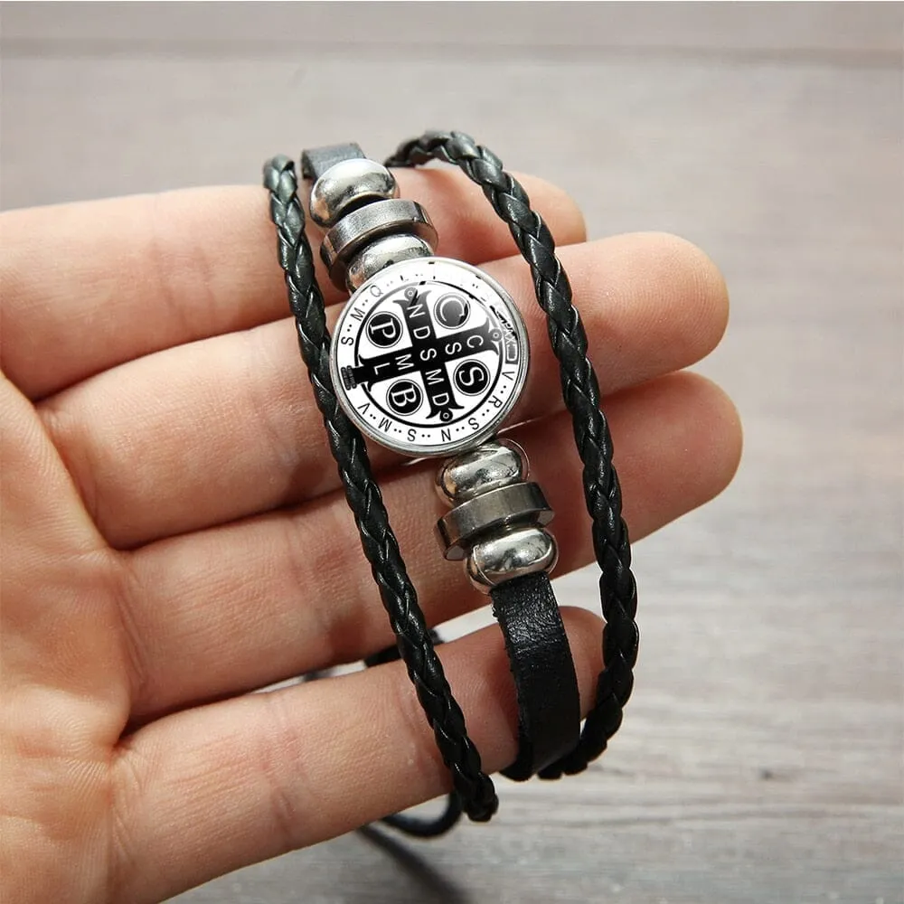 St. Benedict WWJD Medal Leather Bracelet