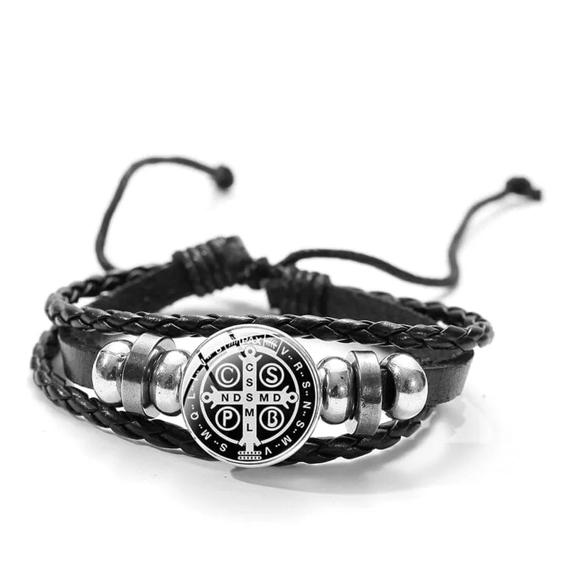 St. Benedict WWJD Medal Leather Bracelet