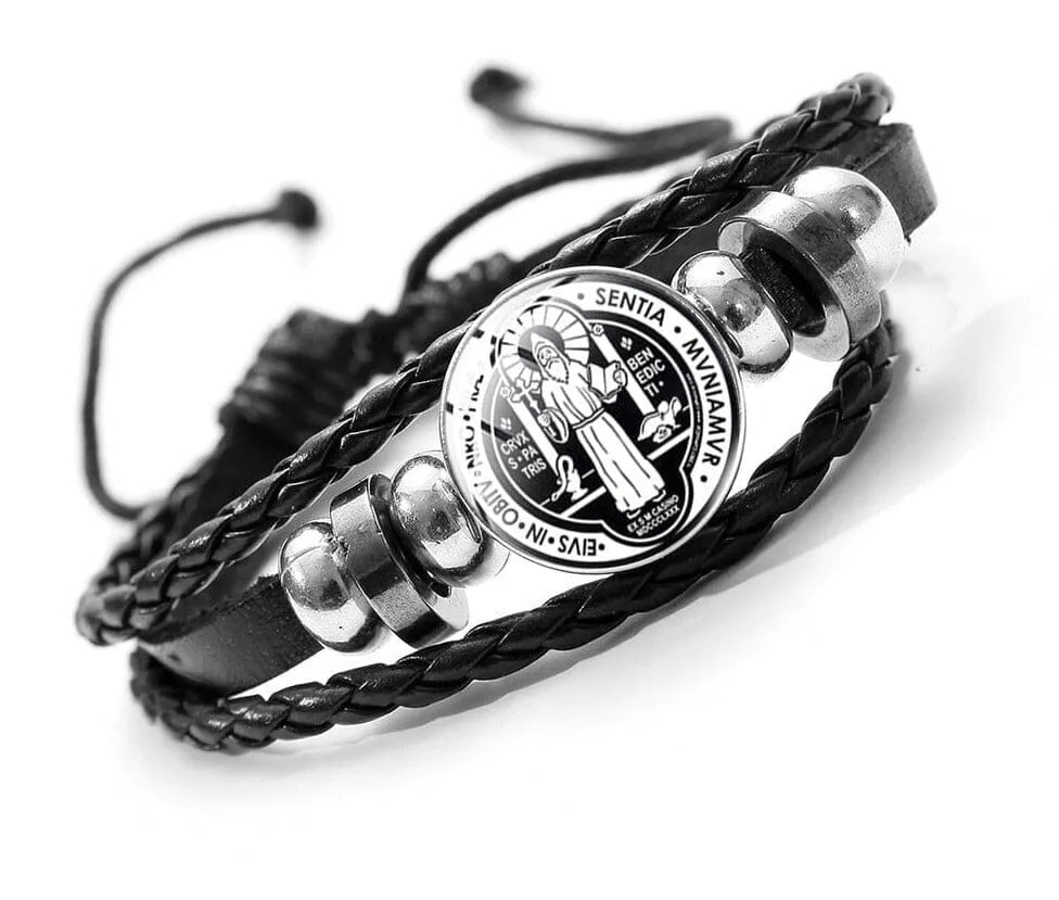 St. Benedict WWJD Medal Leather Bracelet