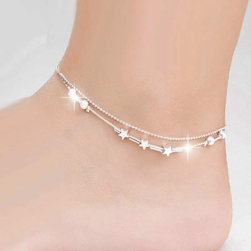 Sterling Silver Anklet Two Layers Star Beads For Women