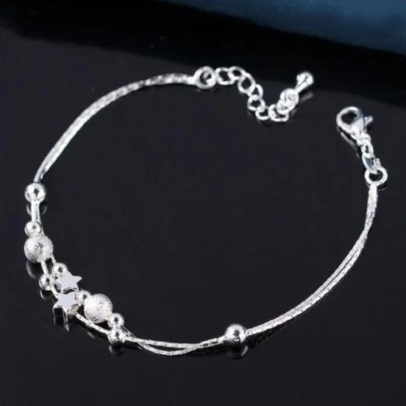 Sterling Silver Anklet Two Layers Star Beads For Women