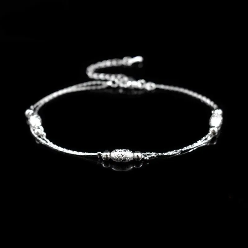 Sterling Silver Double Layer Oval Frosted Anklet