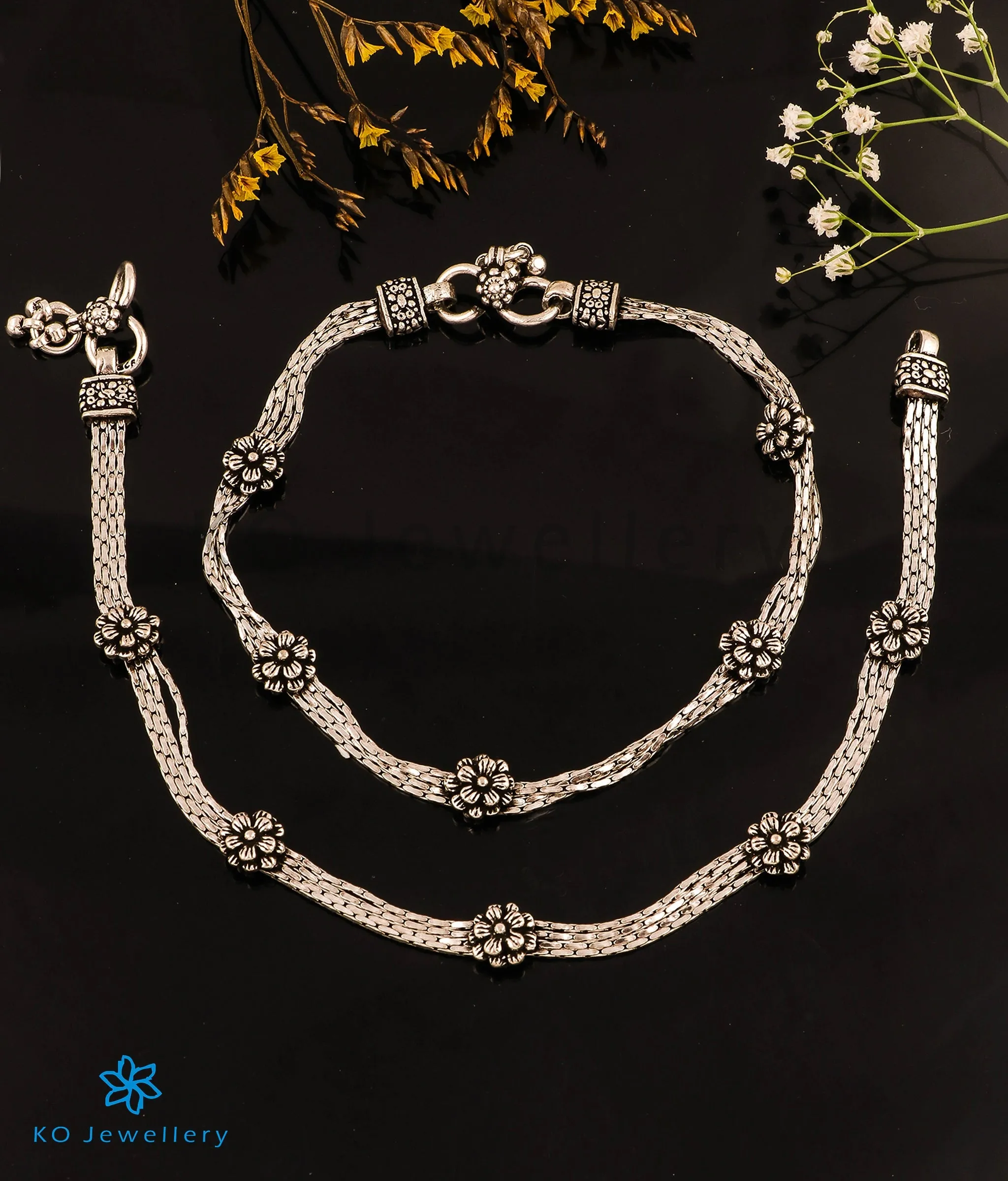 The Mithuna Silver Floral Antique Anklets