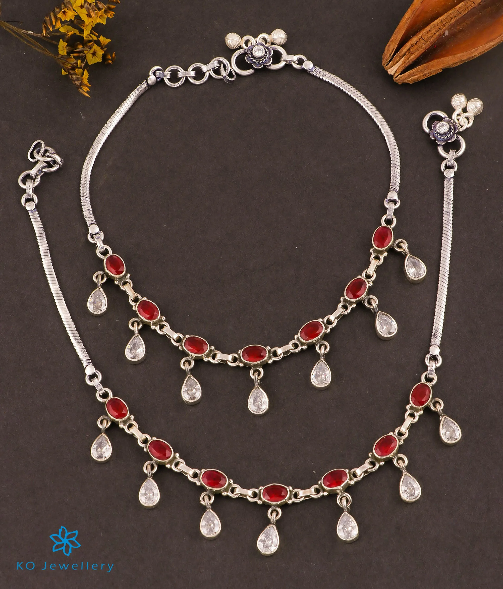 The Rudhira Silver Gemstone Anklets (Red/White)