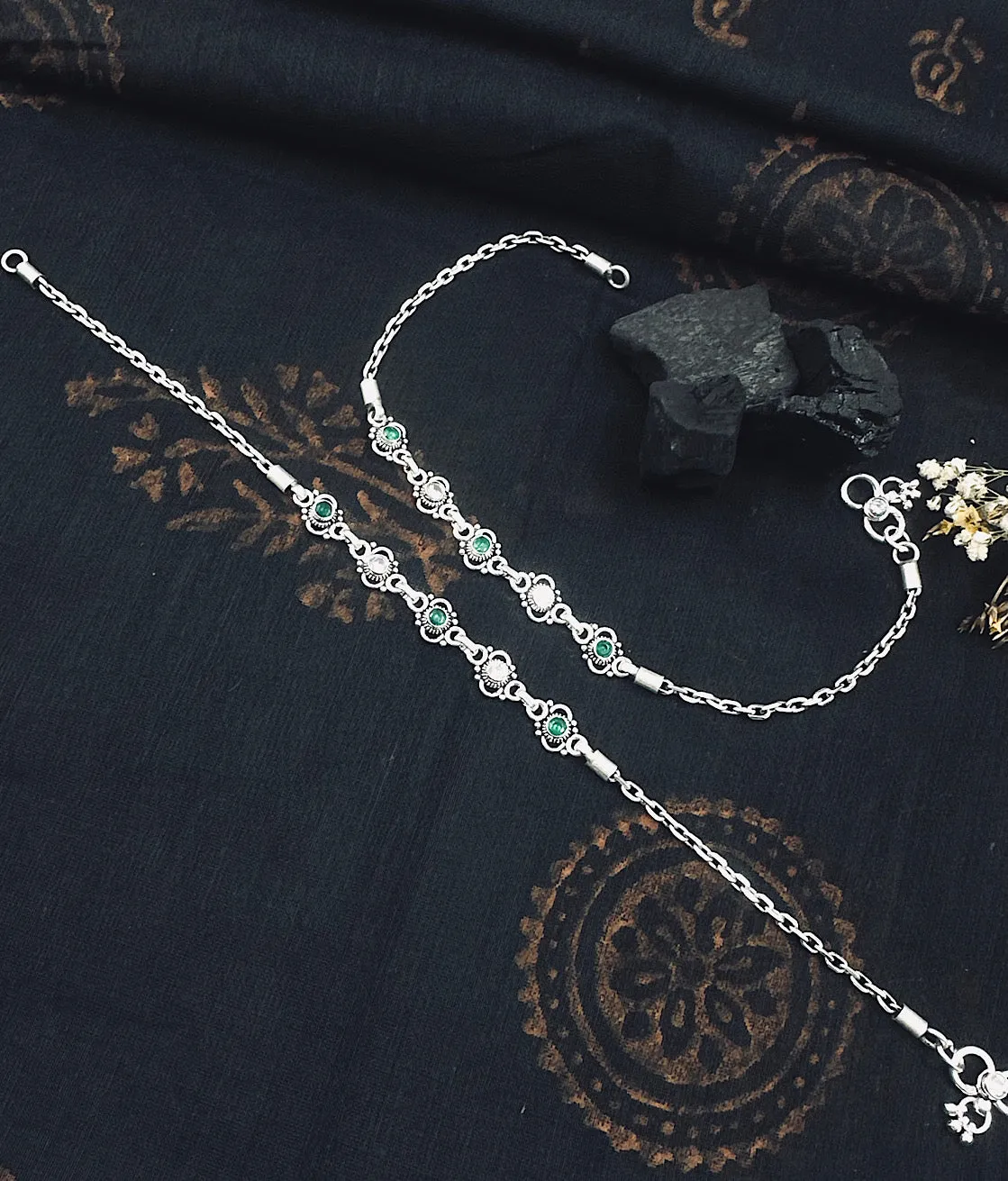 The Silver Gemstone Anklets (Green/White)