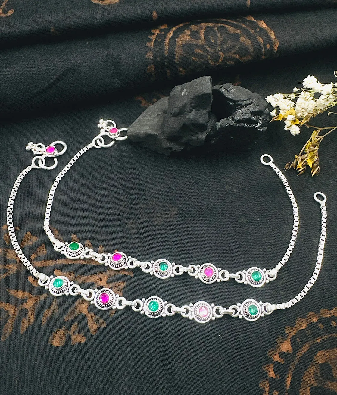 The Silver Gemstone Anklets (Red/Green)