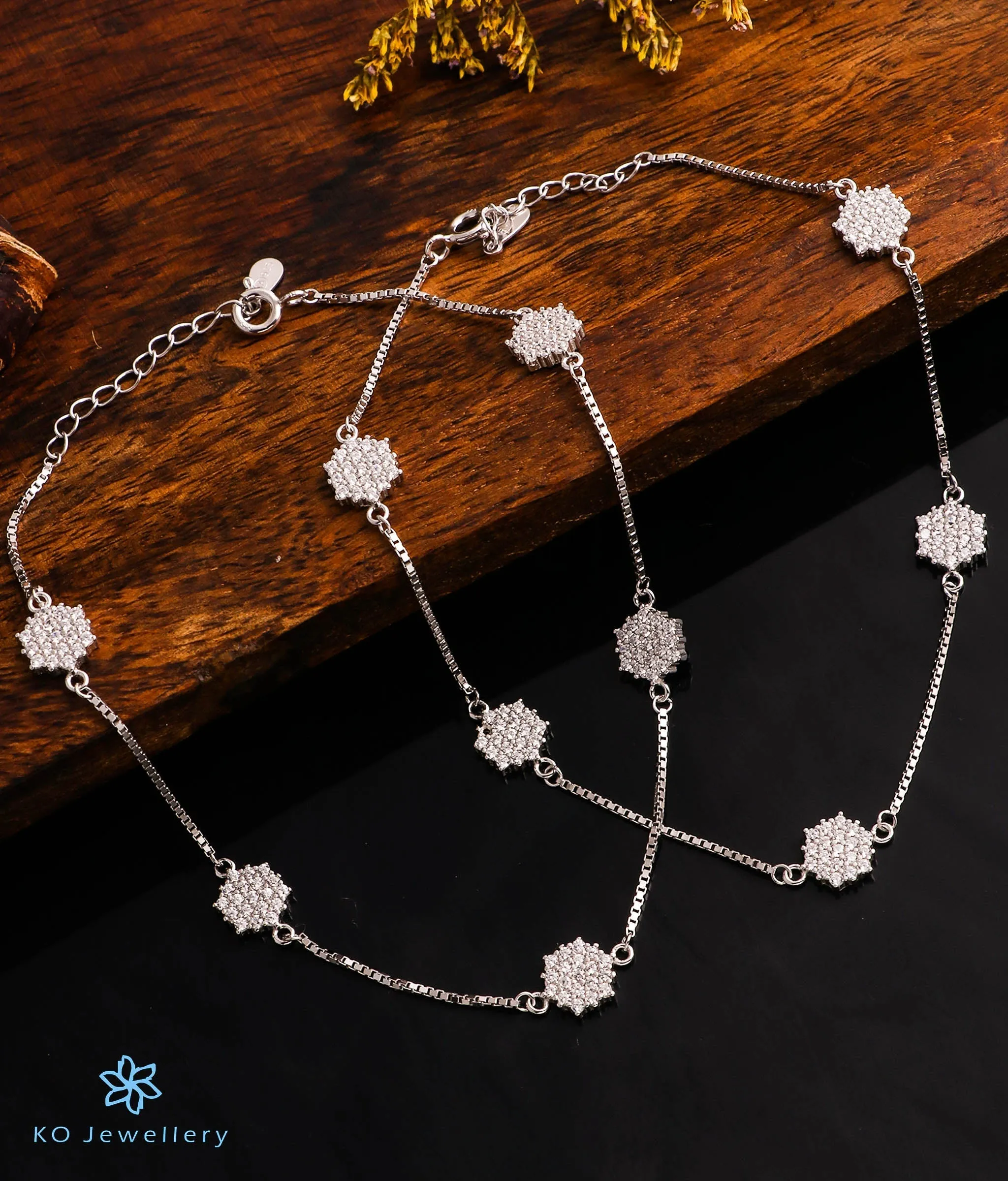 The Sparkling Floral Silver Anklets