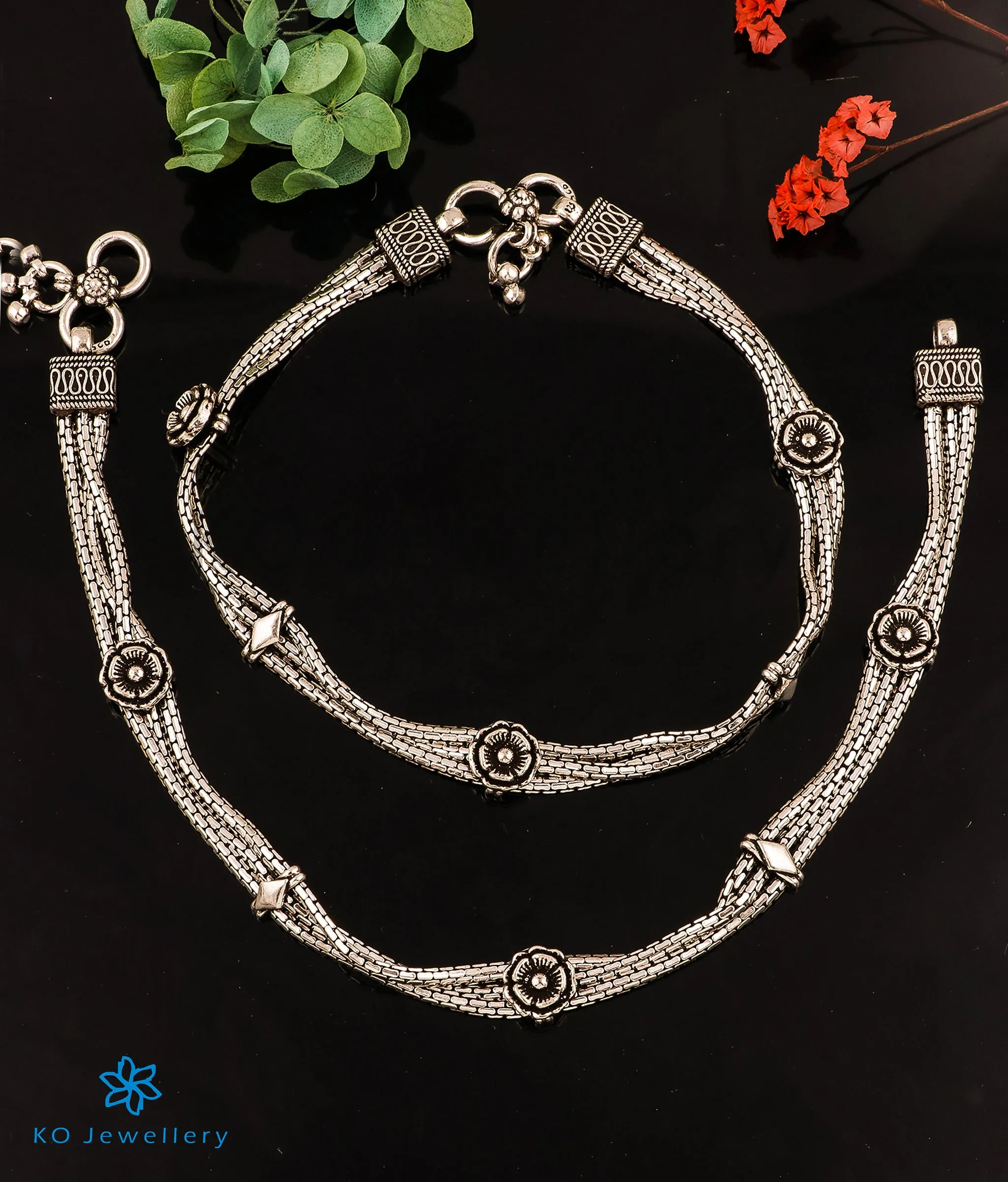 The Vinyas Silver Floral Antique Anklets