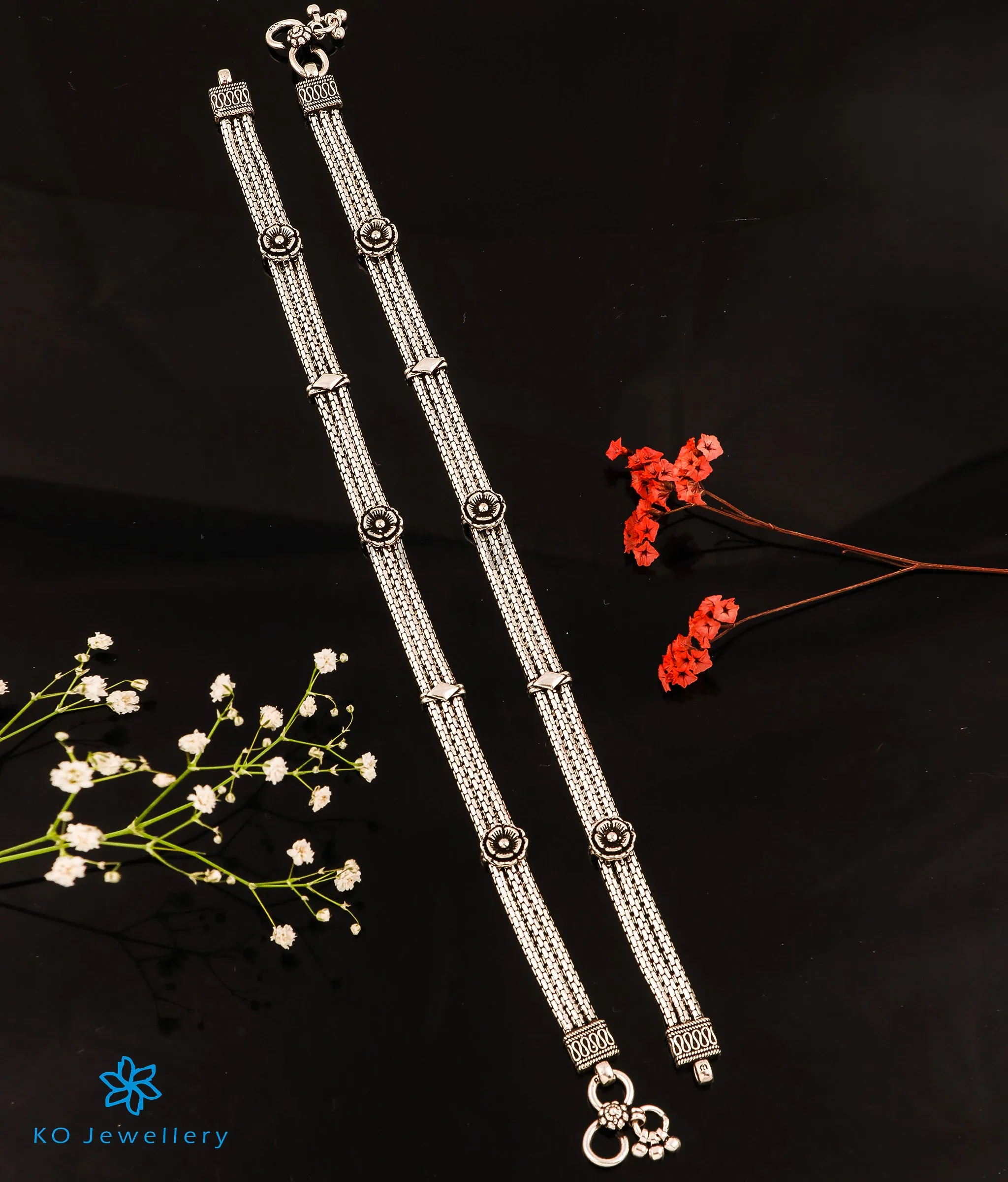 The Vinyas Silver Floral Antique Anklets